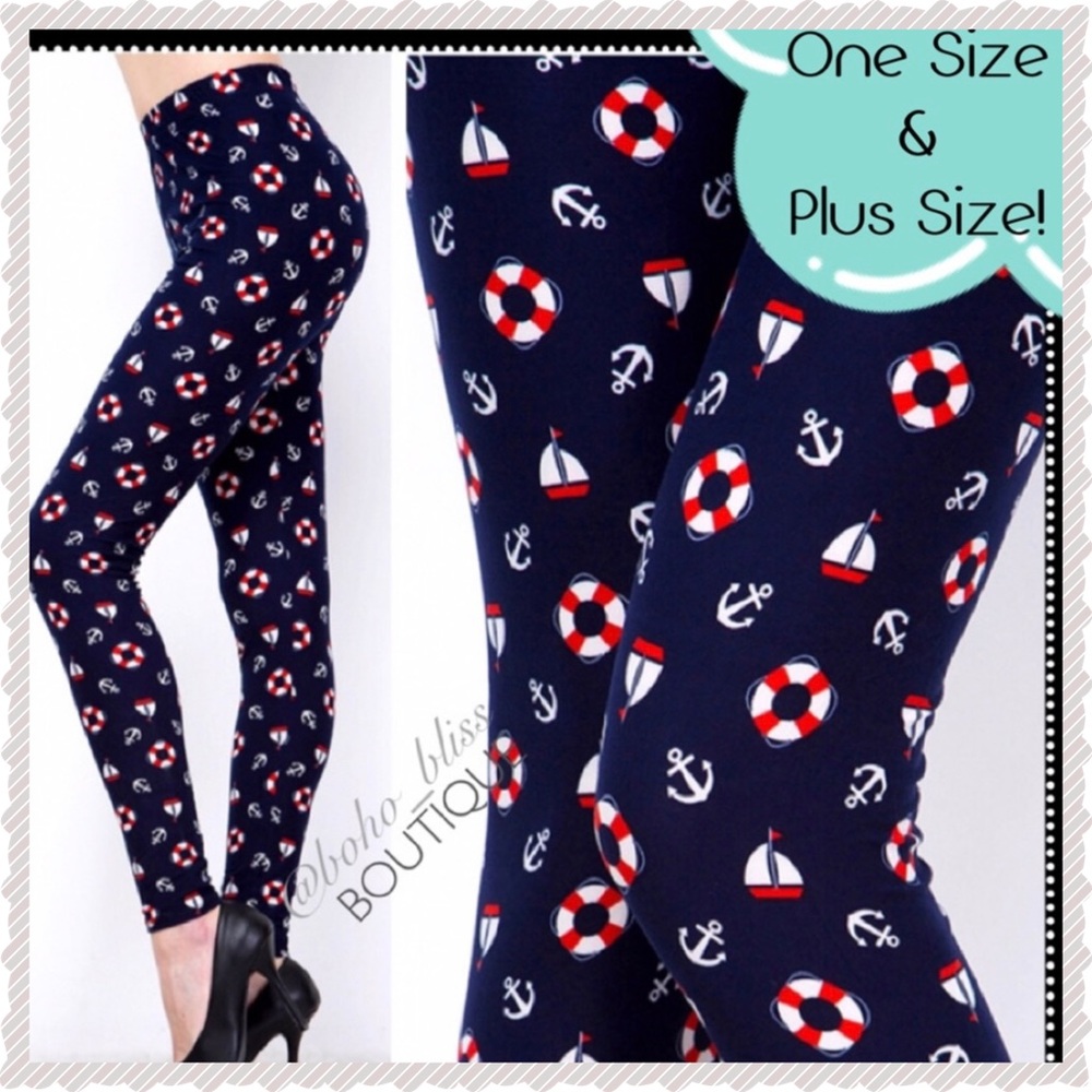 Nautical Print Soft Stretch Leggings Navy Blue NWT